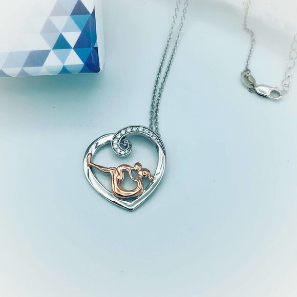 Mom And Child Sterling Silver Rose Gold CZ Necklace - Picture 3 of 5
